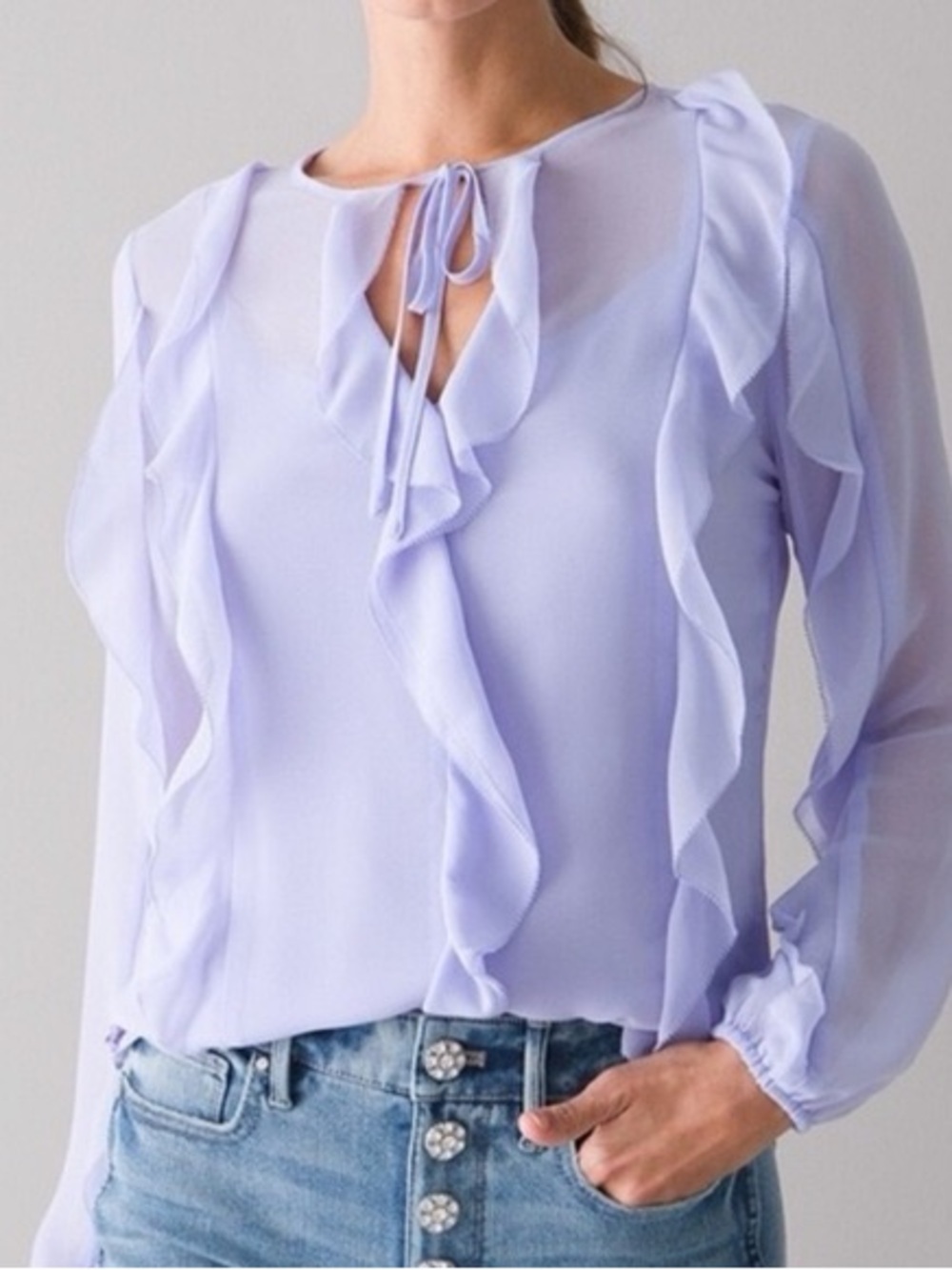White House Black Market Lavender Ruffle Tie-Neck Blouse